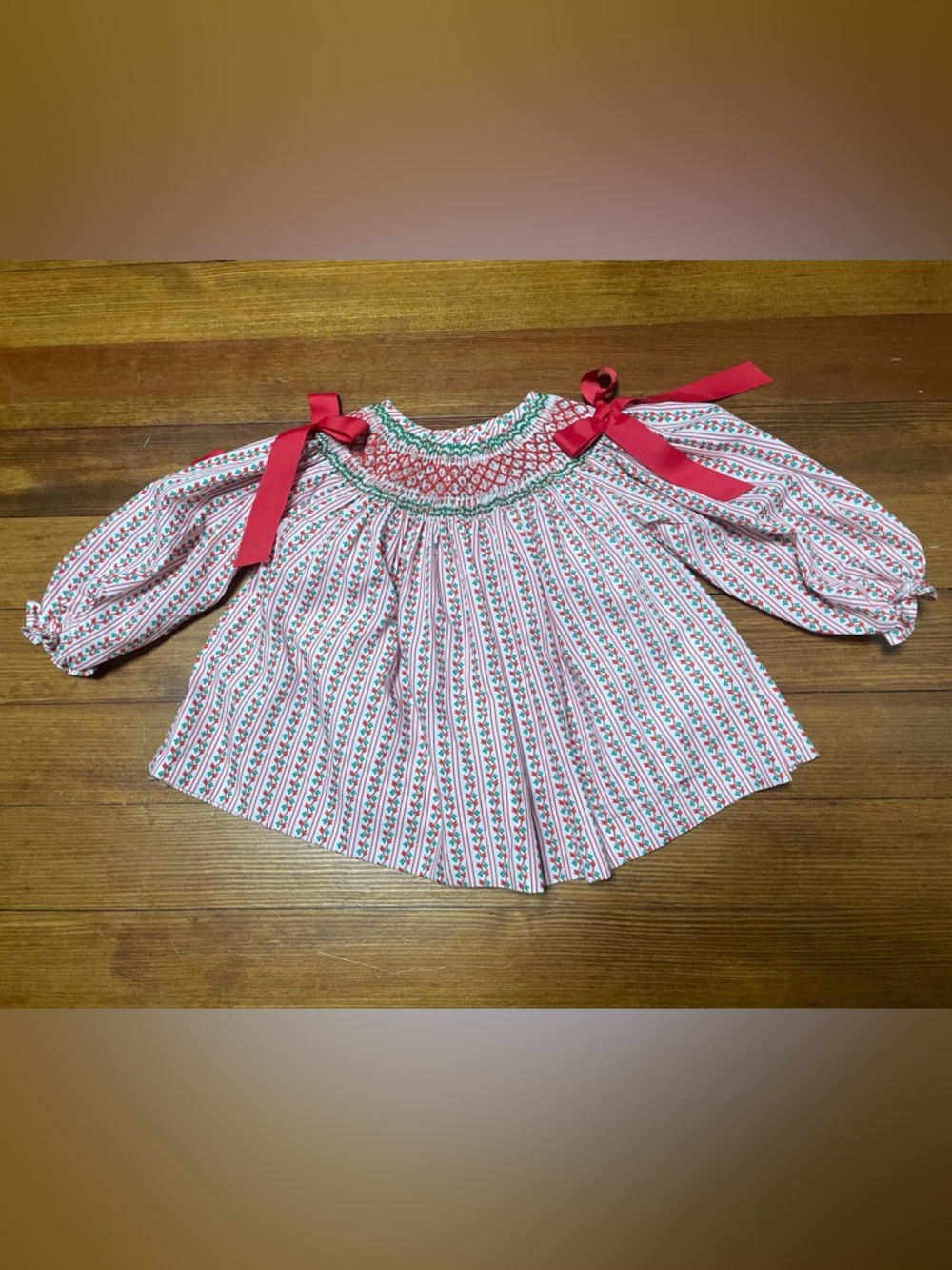 Cecil & Lou Red Smocked Floral Holiday Stripe Long-Sleeve Dress Size 18 Months